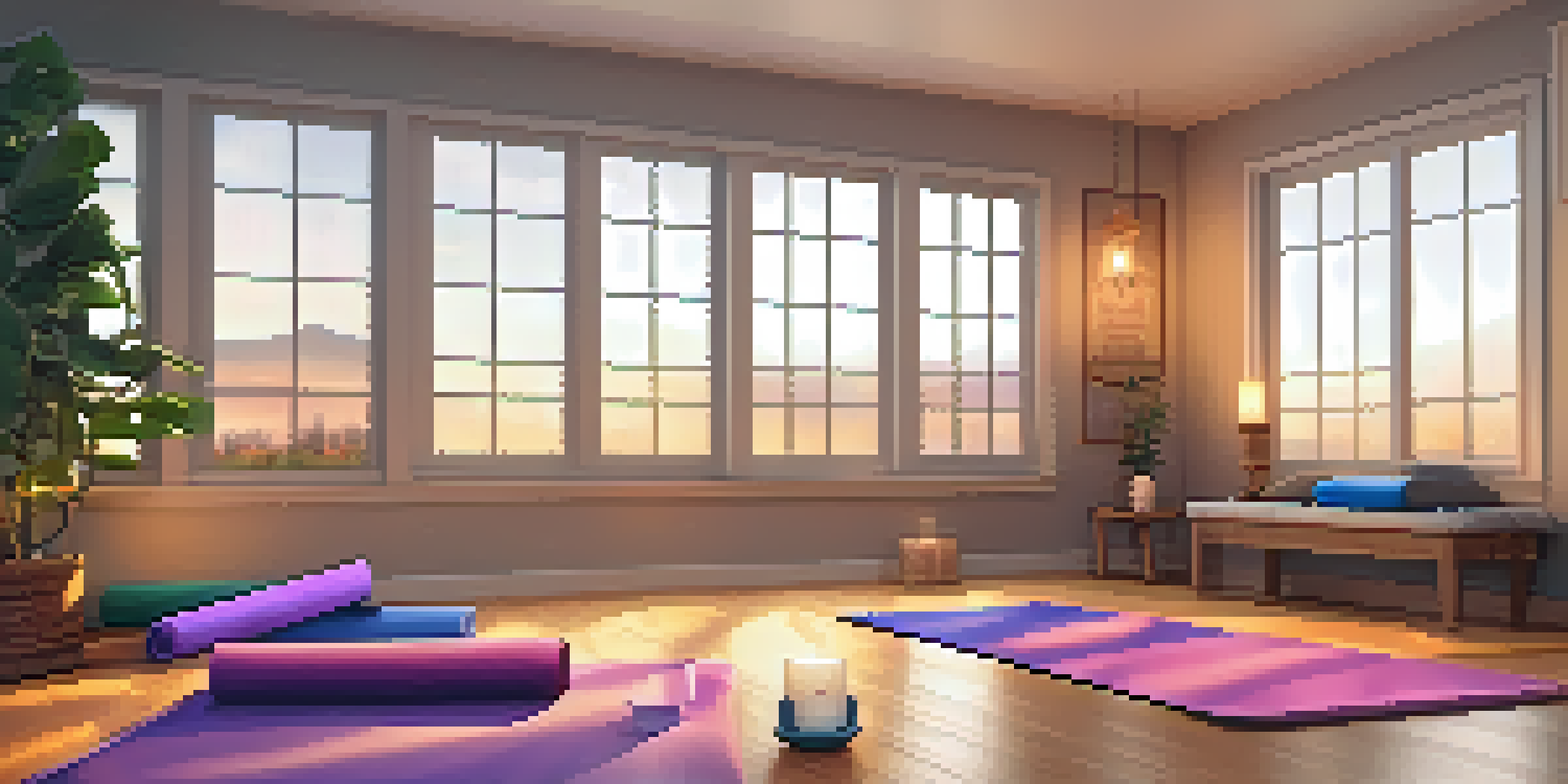 A warm and inviting family yoga space with colorful mats and soft lighting, perfect for practicing together.