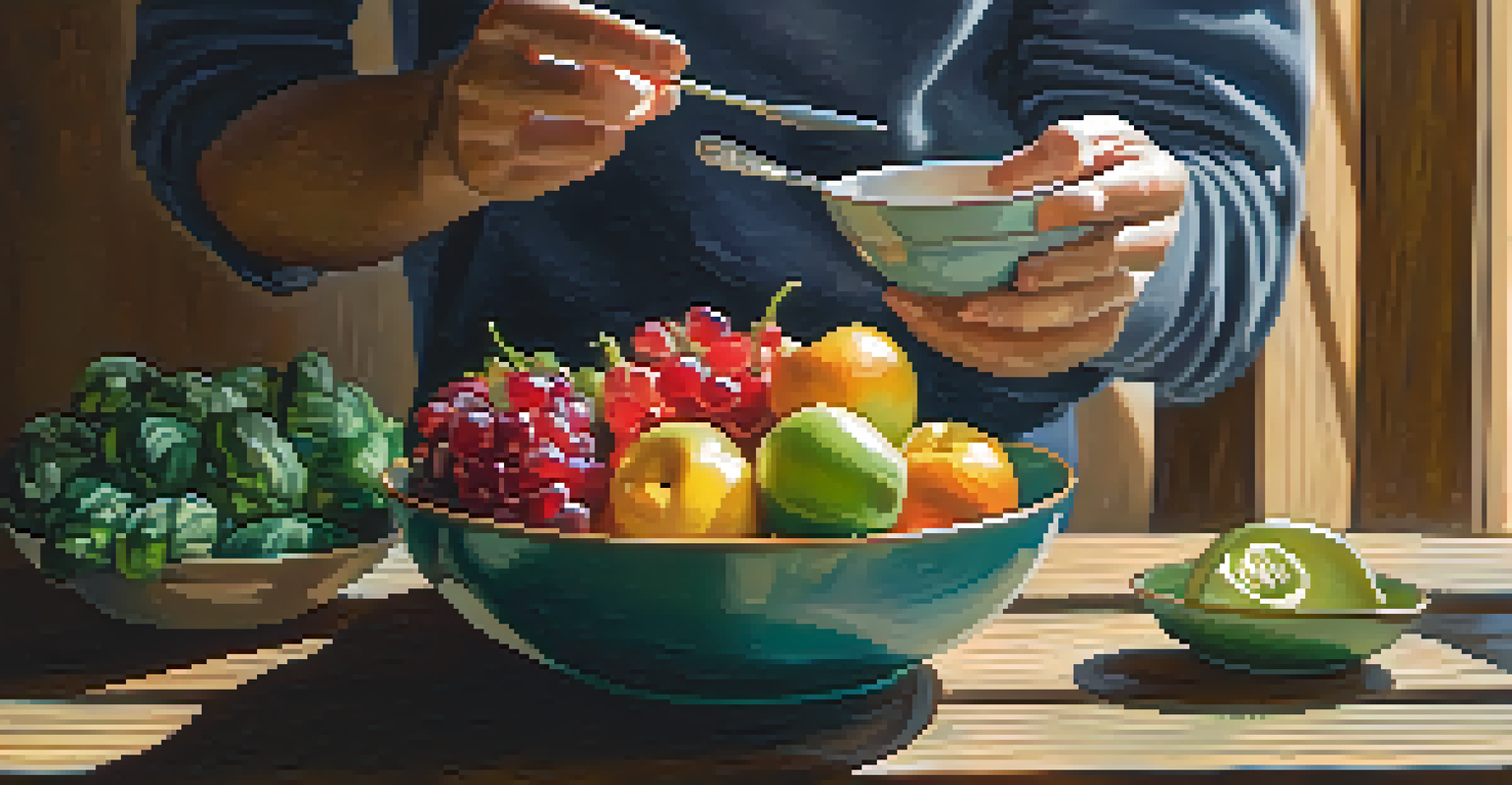 A person holding a bowl of fresh fruits and vegetables on a rustic wooden table.