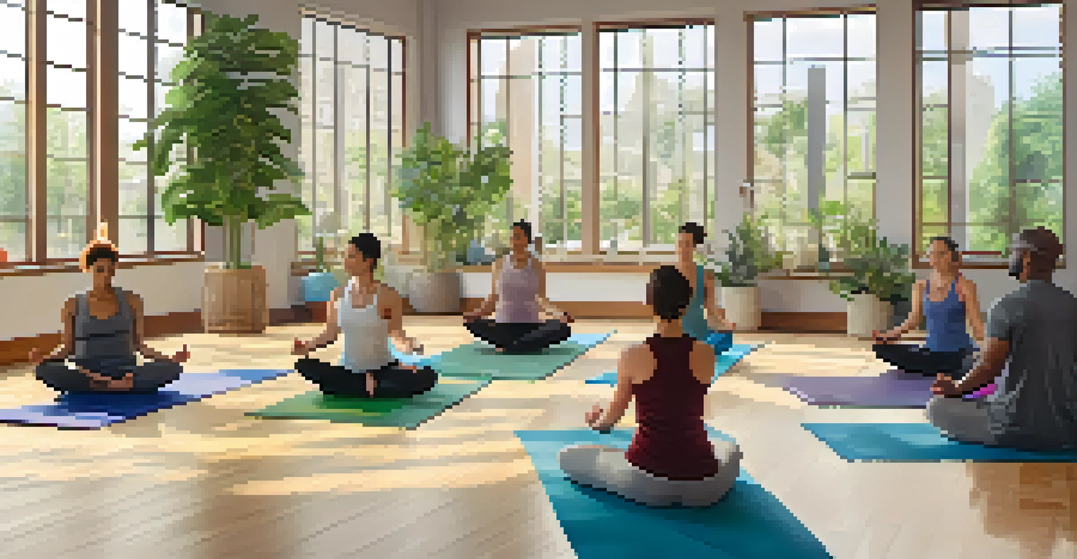 A bright yoga studio with a diverse group of individuals participating in a yoga class under the guidance of an instructor.