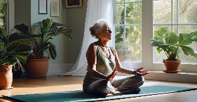 An elderly woman practicing breathing techniques on a yoga mat in a bright room, surrounded by plants, with a peaceful expression.