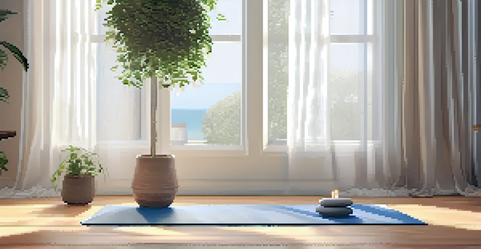 A calming home yoga space with a yoga mat, candles, and natural light, creating a tranquil atmosphere.