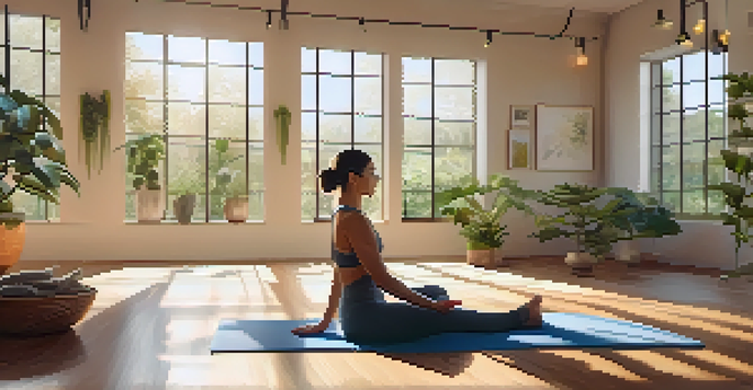 A peaceful yoga studio with a person practicing yoga in a meditative pose, surrounded by plants and calming artwork under warm sunlight.