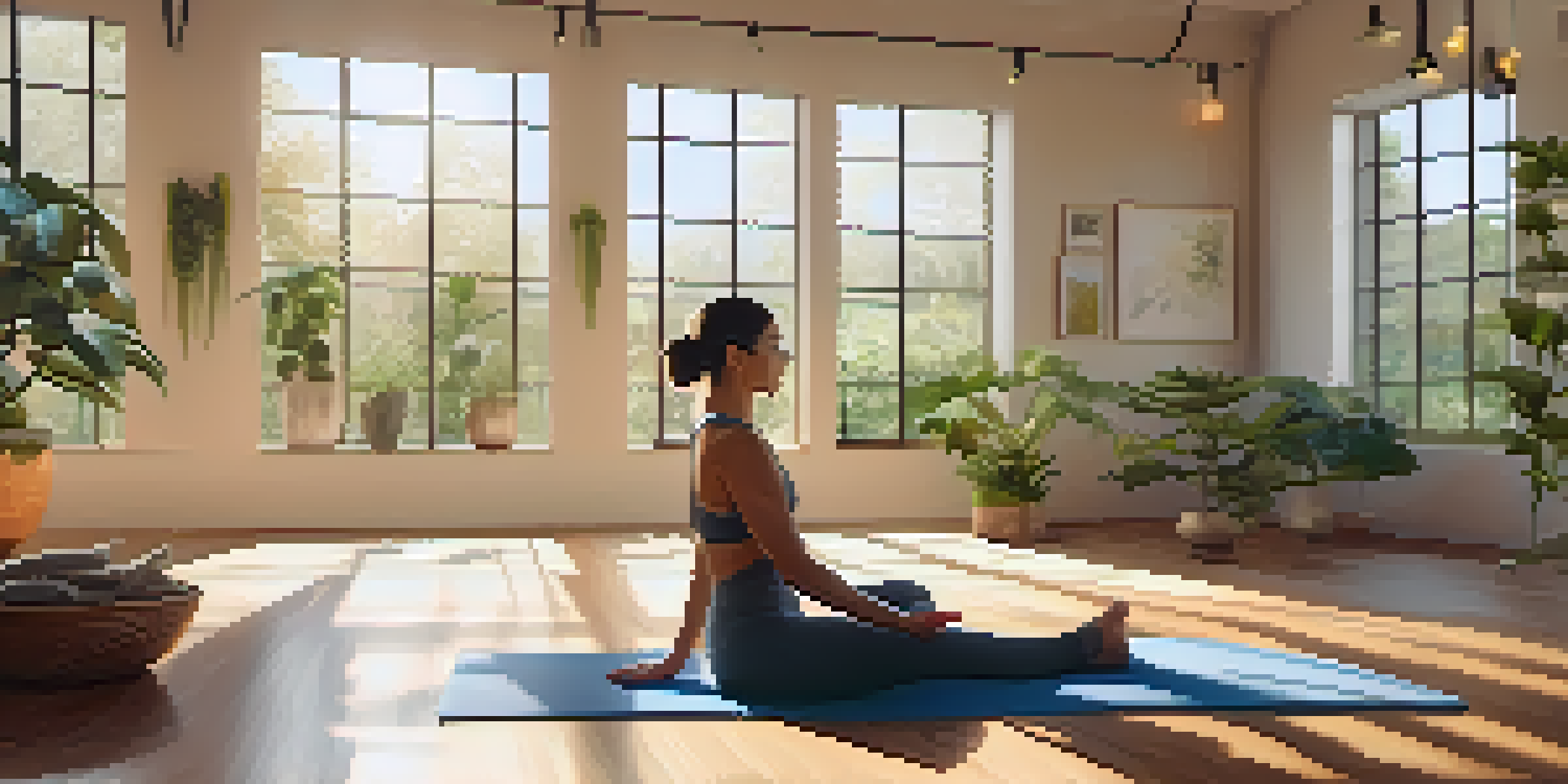 A peaceful yoga studio with a person practicing yoga in a meditative pose, surrounded by plants and calming artwork under warm sunlight.