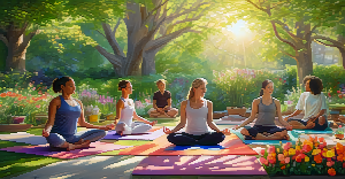 A diverse family practicing yoga in a colorful garden filled with blooming flowers, under a bright sun.