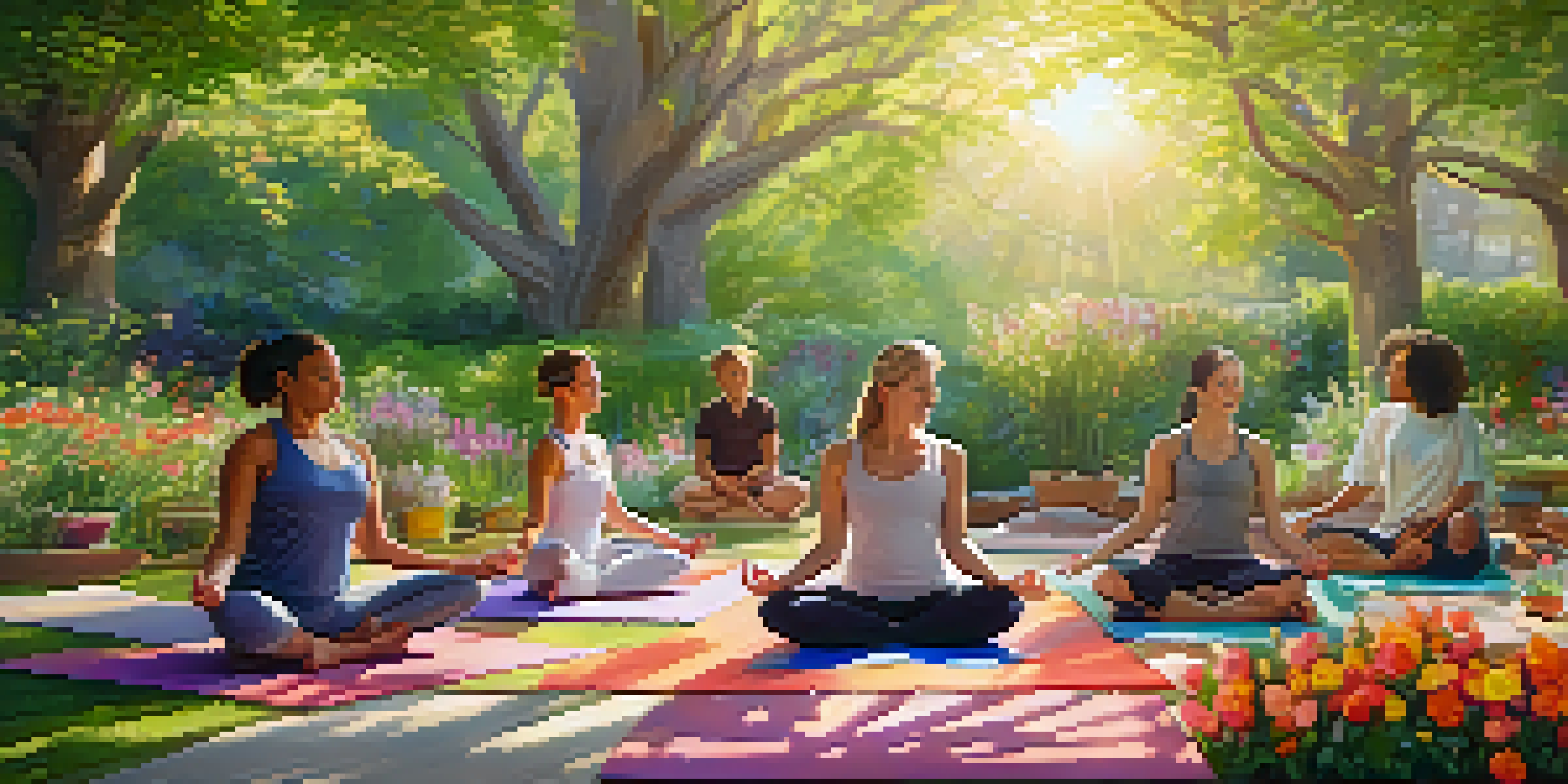 A diverse family practicing yoga in a colorful garden filled with blooming flowers, under a bright sun.