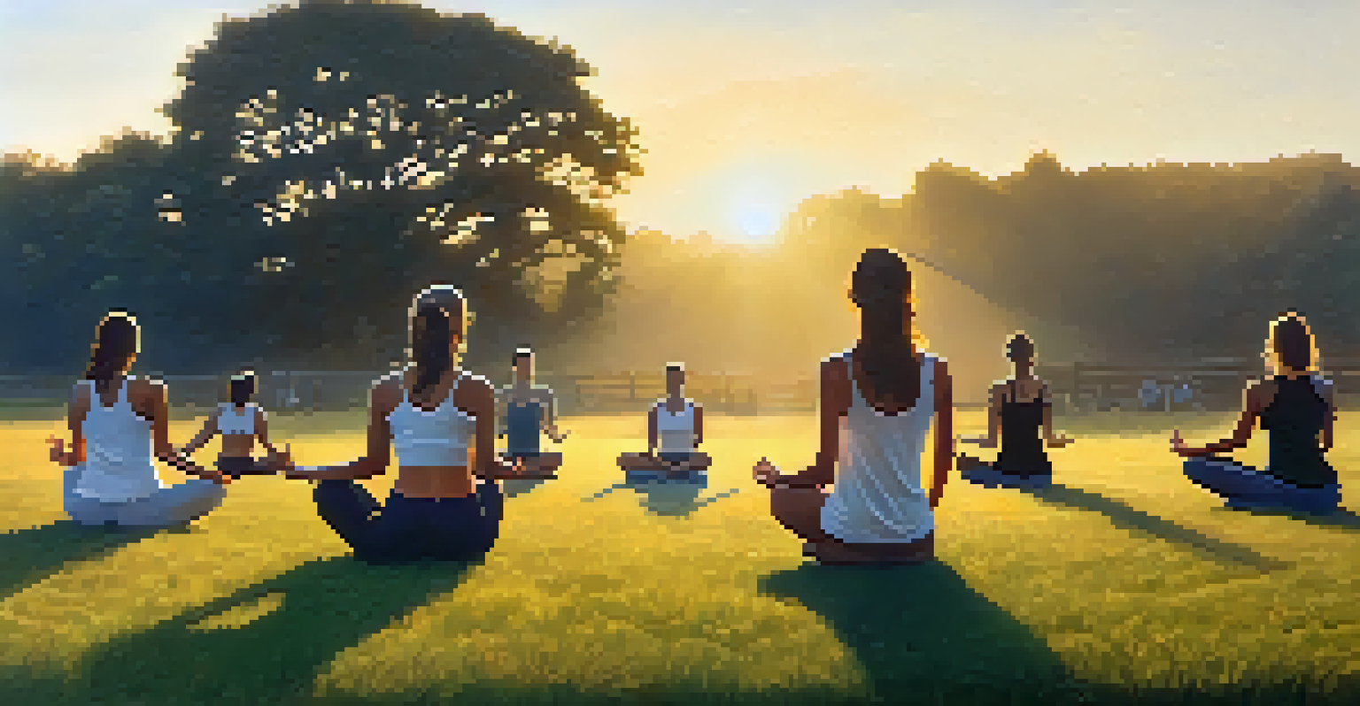 A group of people performing Sun Salutations outdoors at sunrise on a grassy field.