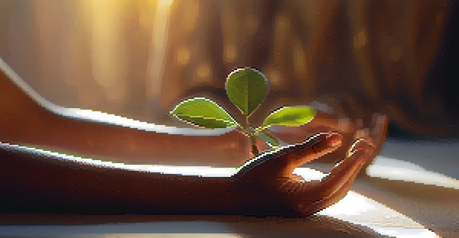 Close-up of hands in a mudra position with a calm face in soft focus, surrounded by elements of a peaceful yoga practice.