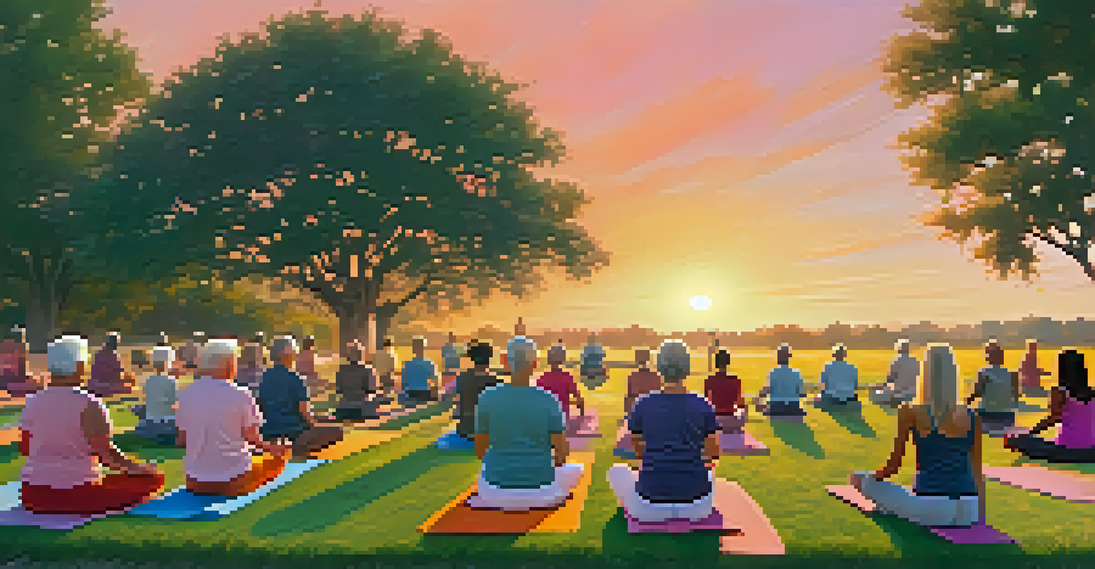 Older adults practicing yoga outdoors at sunset, surrounded by nature and a colorful sky.