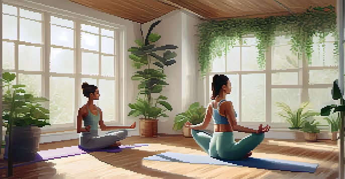 Two partners practicing a partner yoga pose in a bright and serene yoga studio, highlighting trust and connection.