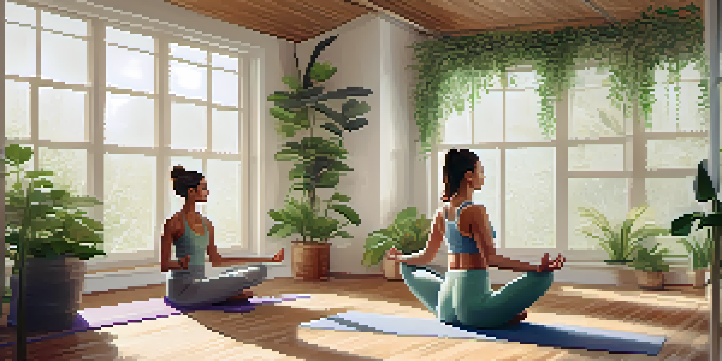 Two partners practicing a partner yoga pose in a bright and serene yoga studio, highlighting trust and connection.