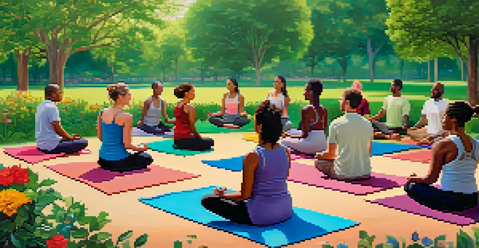A diverse group of people meditating together in a park.
