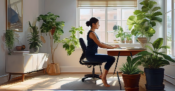 An individual doing a seated twist yoga pose at their desk in a bright, serene office with plants and soft lighting.