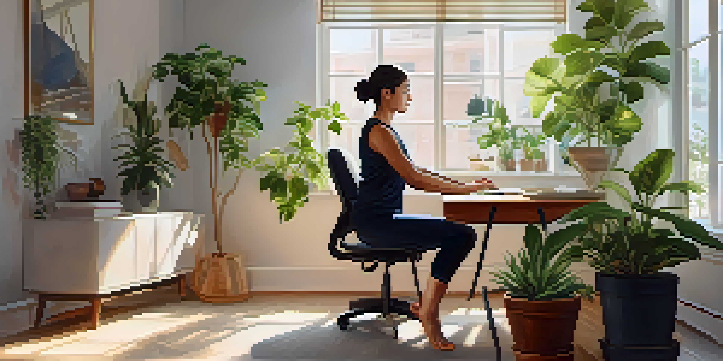 An individual doing a seated twist yoga pose at their desk in a bright, serene office with plants and soft lighting.