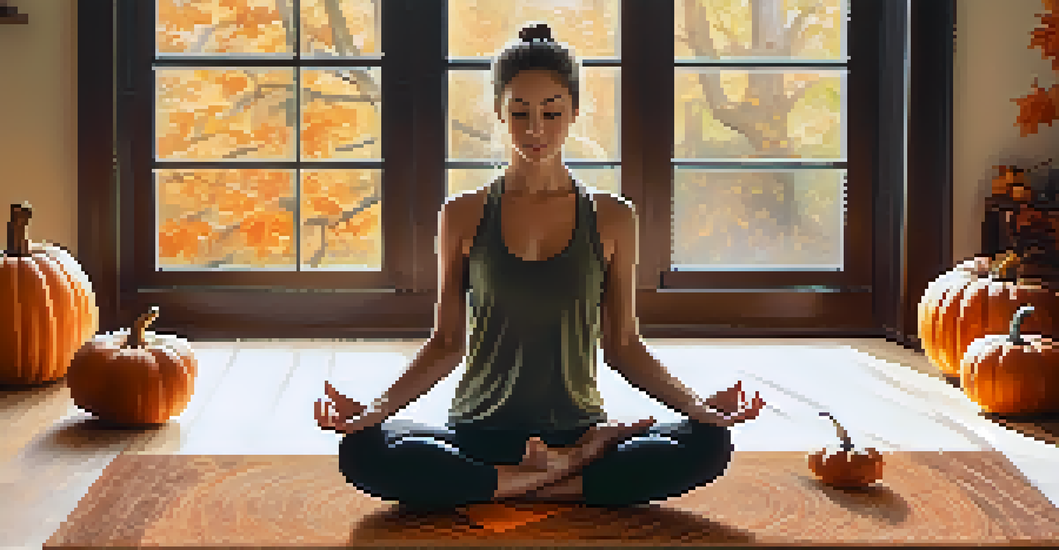 An indoor yoga space decorated for autumn, with a person in a resting pose surrounded by fall elements.