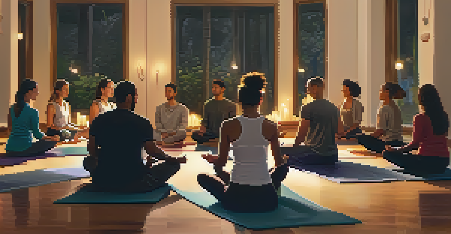 A group of people meditating together in a softly lit indoor space, creating a peaceful and supportive atmosphere.