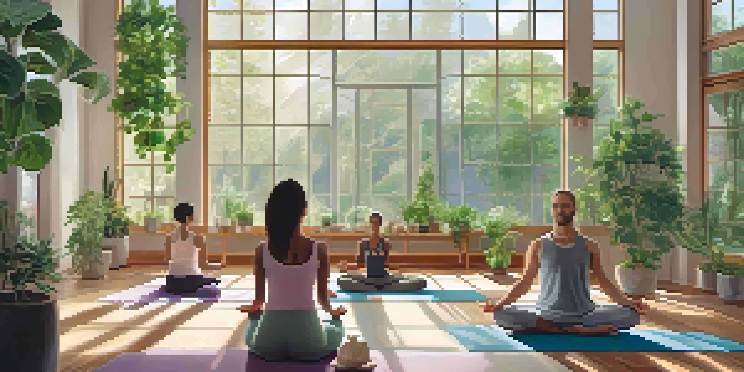 A diverse group of leaders practicing yoga in a serene studio filled with natural light and green plants.