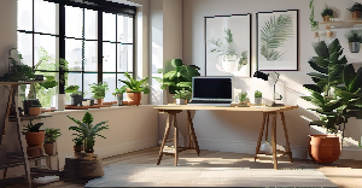 A workspace with a yoga mat and props in one corner, a desk with a laptop and greenery, bathed in natural light, symbolizing work-life balance.