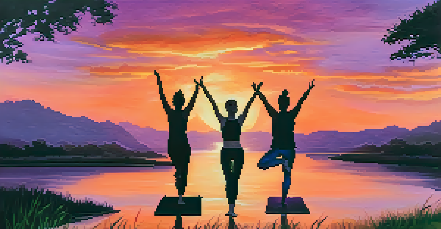 Two individuals celebrating their achievement in partner yoga against a sunset backdrop, radiating joy and connection.