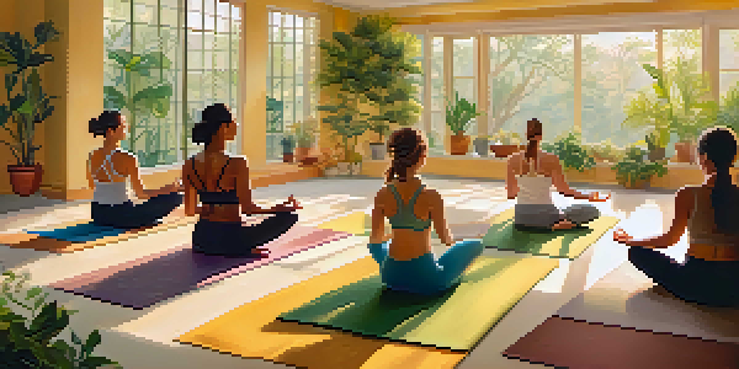 A diverse group of individuals practicing yoga in a well-lit studio, surrounded by plants, showcasing different yoga poses on colorful mats.