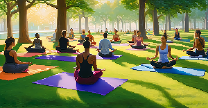 A diverse group of activists practicing yoga outdoors at sunrise, surrounded by greenery and colorful mats.