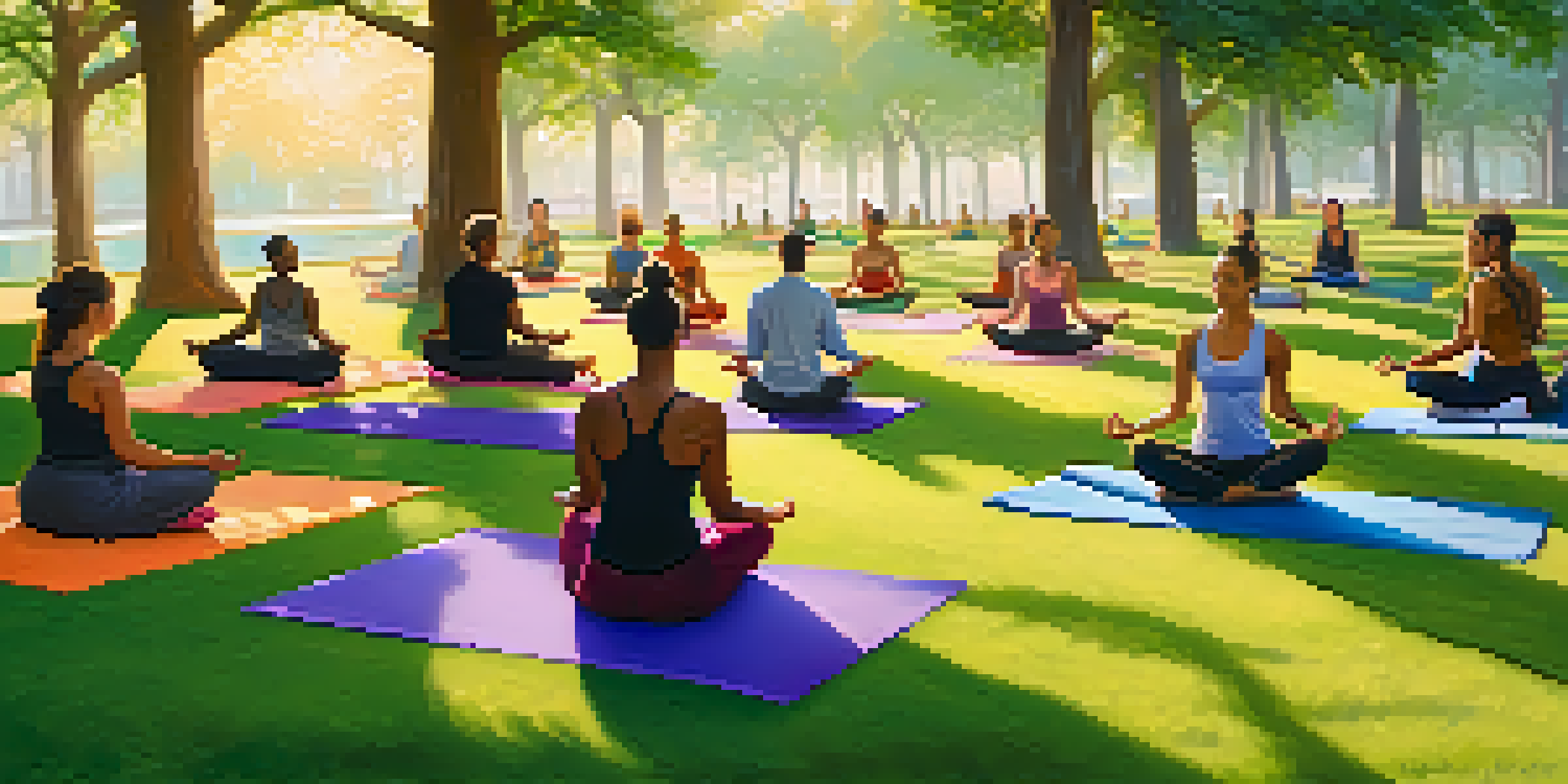 A diverse group of activists practicing yoga outdoors at sunrise, surrounded by greenery and colorful mats.