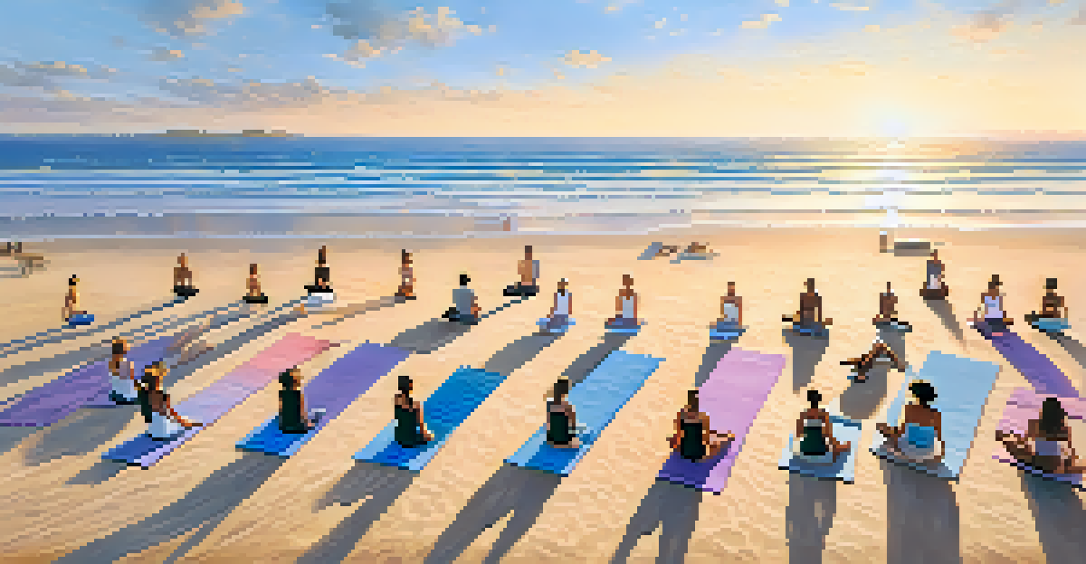 An aerial view of individuals doing yoga on a beach at sunrise, surrounded by the ocean and warm colors.