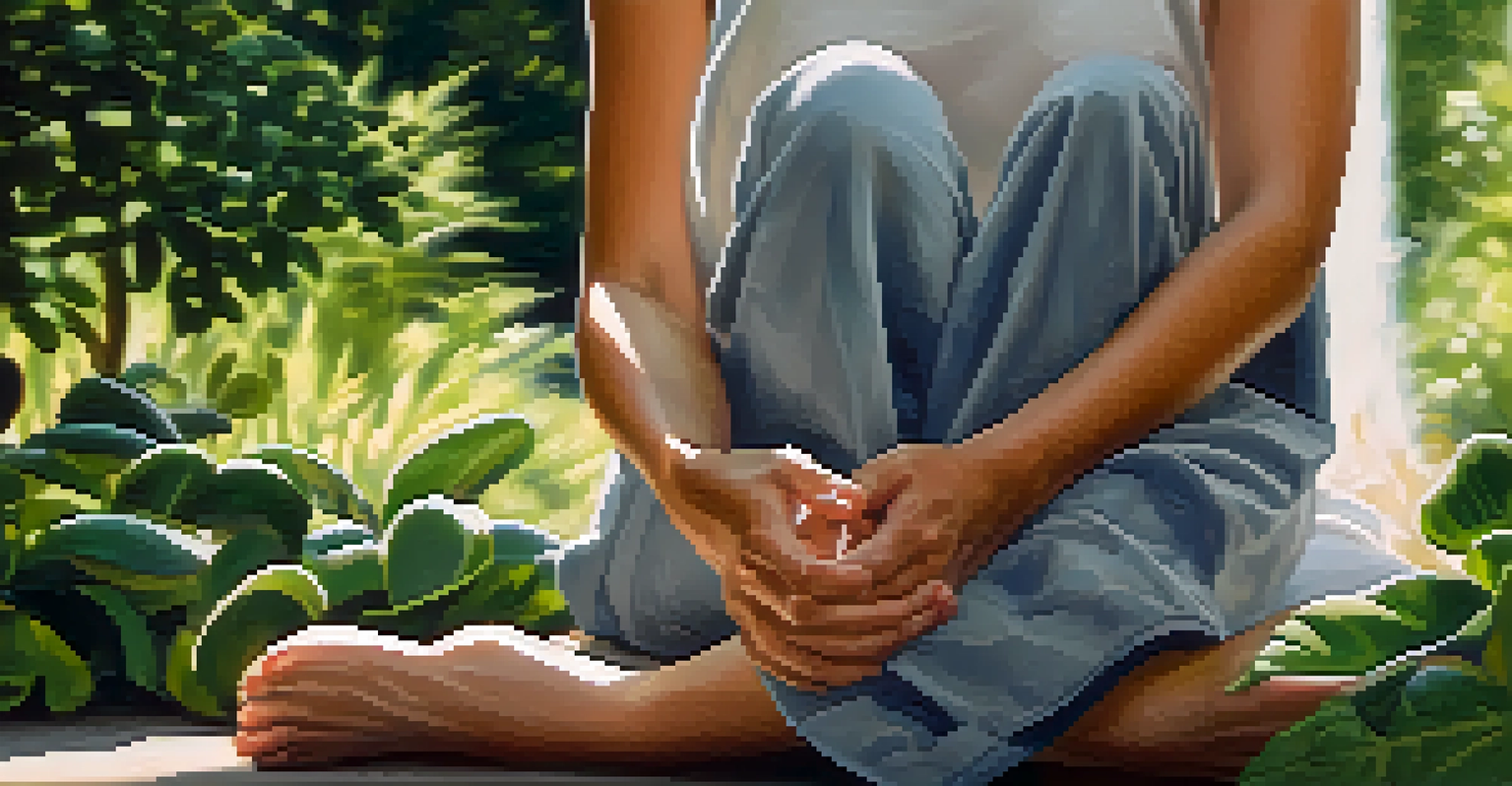 A close-up of a person's hands in a meditative pose with a serene park background.