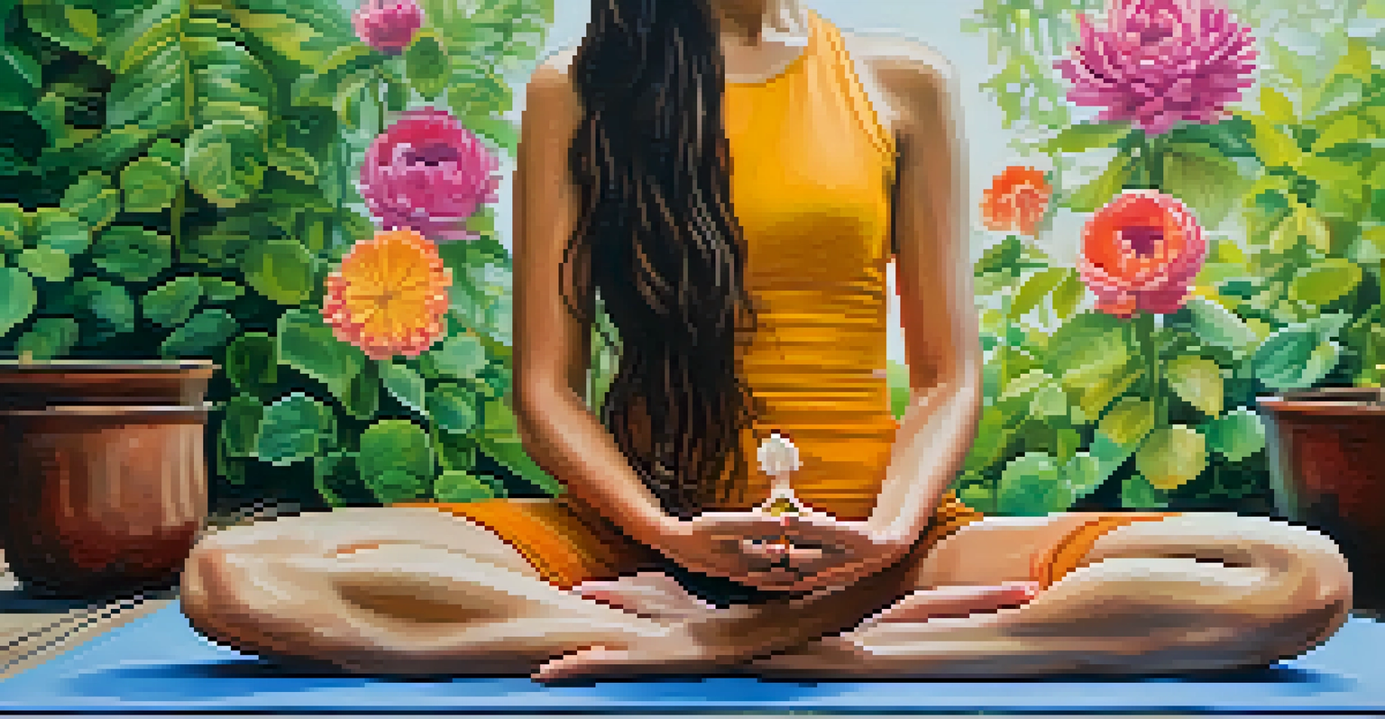 Close-up of a person's hands in a yoga mudra on a vibrant yoga mat, set in a peaceful outdoor environment.