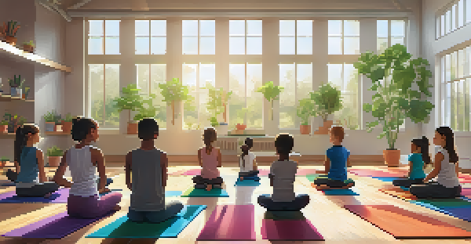 A bright classroom filled with students of different backgrounds practicing yoga on colorful mats under natural light.