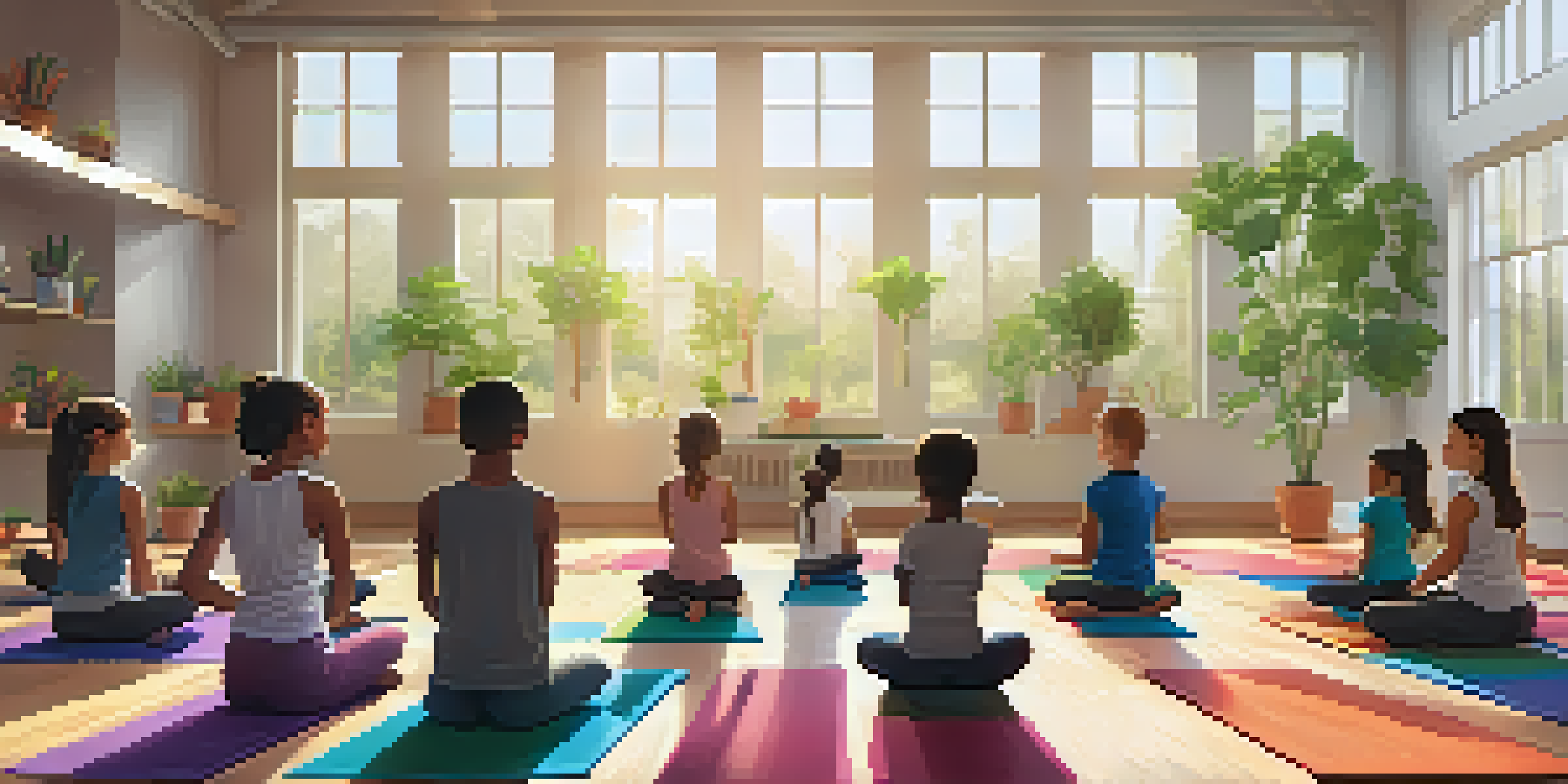 A bright classroom filled with students of different backgrounds practicing yoga on colorful mats under natural light.