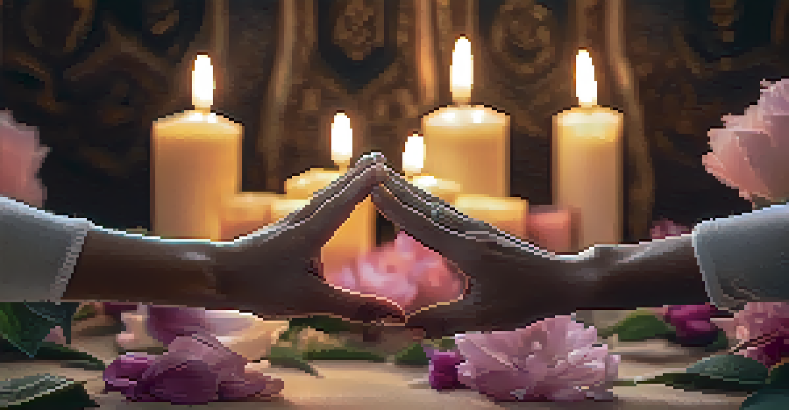 A close-up of hands forming a mudra surrounded by candles and flowers, with soft candlelight creating a warm atmosphere.