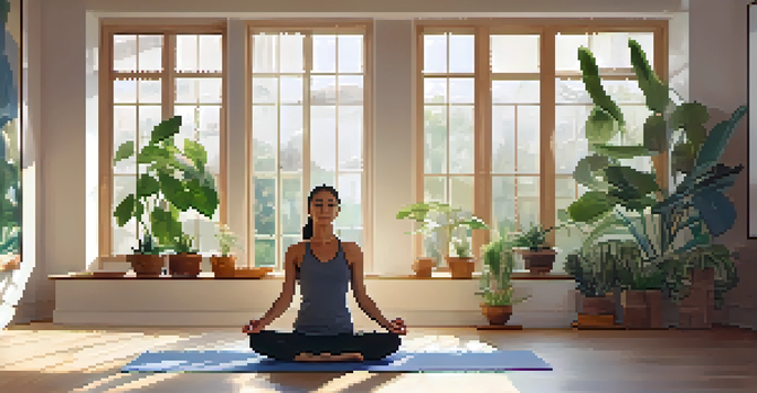 A peaceful yoga studio with a person sitting in Easy Pose surrounded by plants, candles, and natural light.
