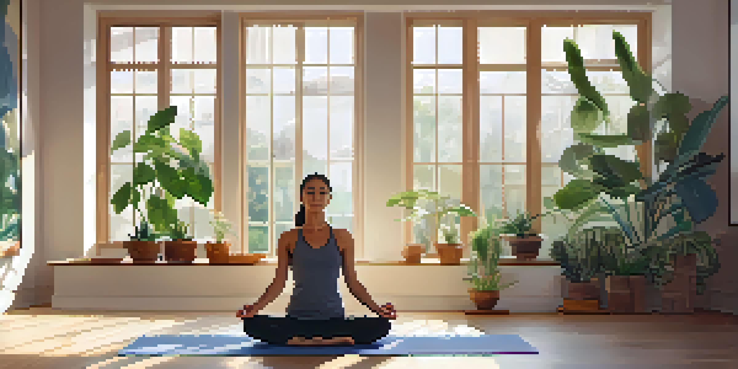 A peaceful yoga studio with a person sitting in Easy Pose surrounded by plants, candles, and natural light.