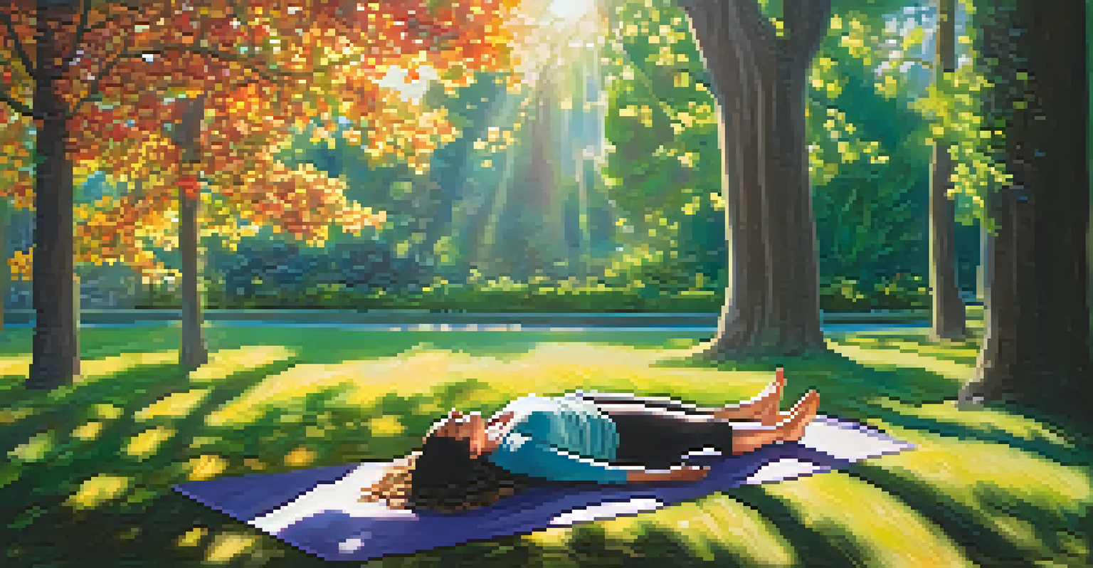 A person lying on a yoga mat in a vibrant garden, surrounded by flowers and trees, embodying tranquility in nature.