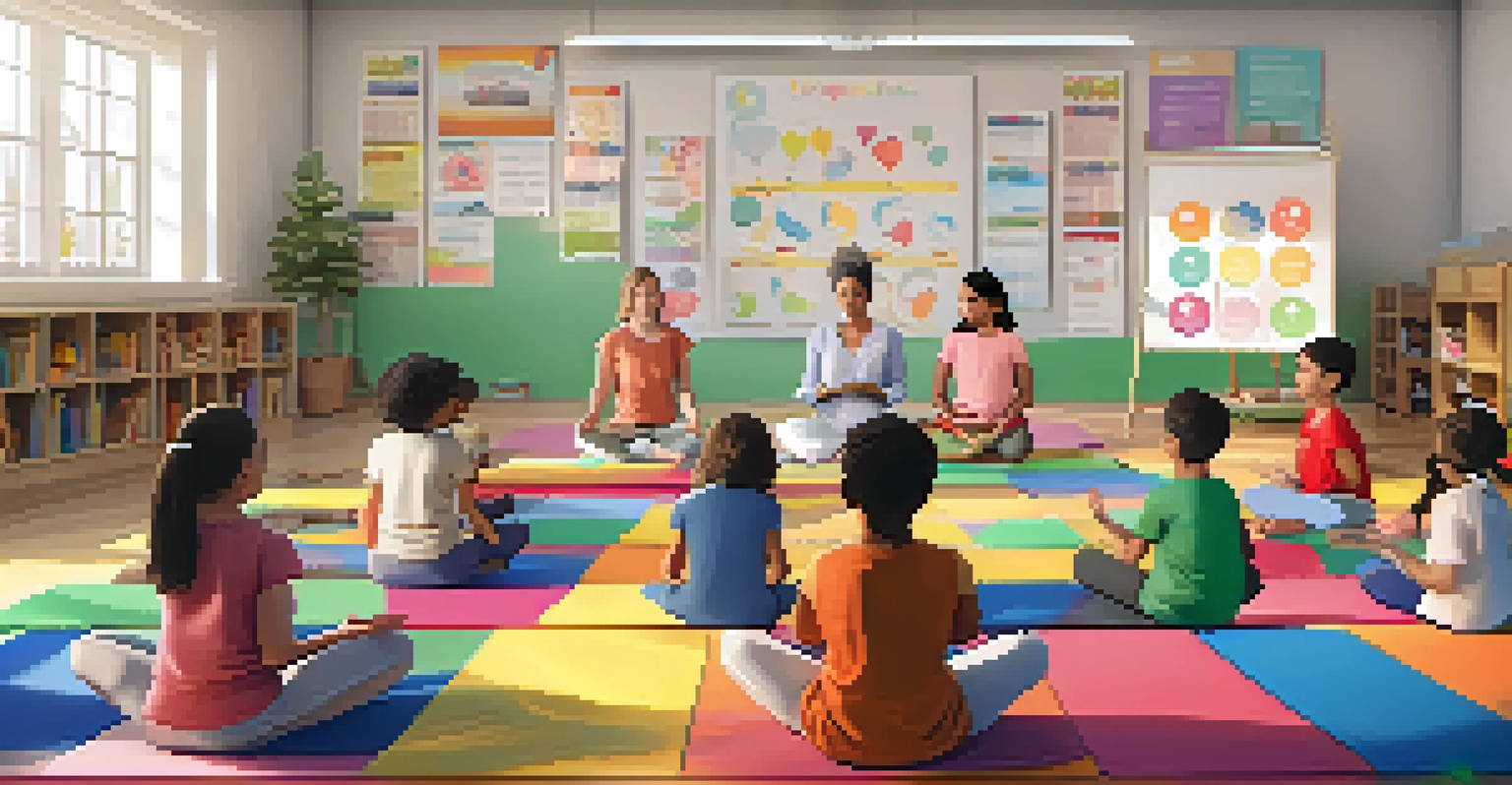 Children practicing mindfulness yoga in a classroom with a teacher guiding them.
