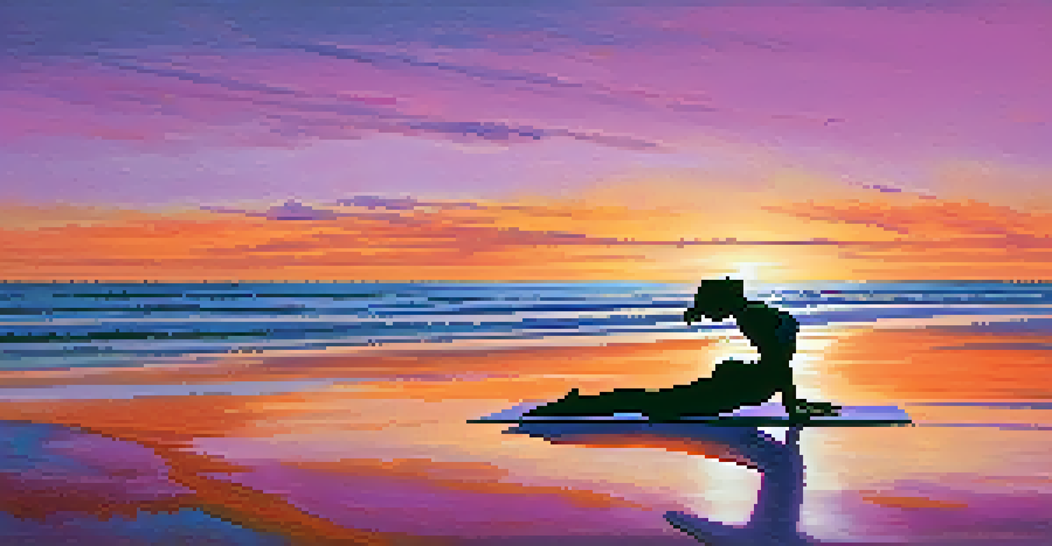 A person practicing yoga on the beach at sunset, surrounded by colorful sky and calm waters.
