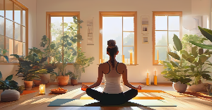 A peaceful yoga studio with a person meditating on a yoga mat surrounded by plants and candles in soft morning light.