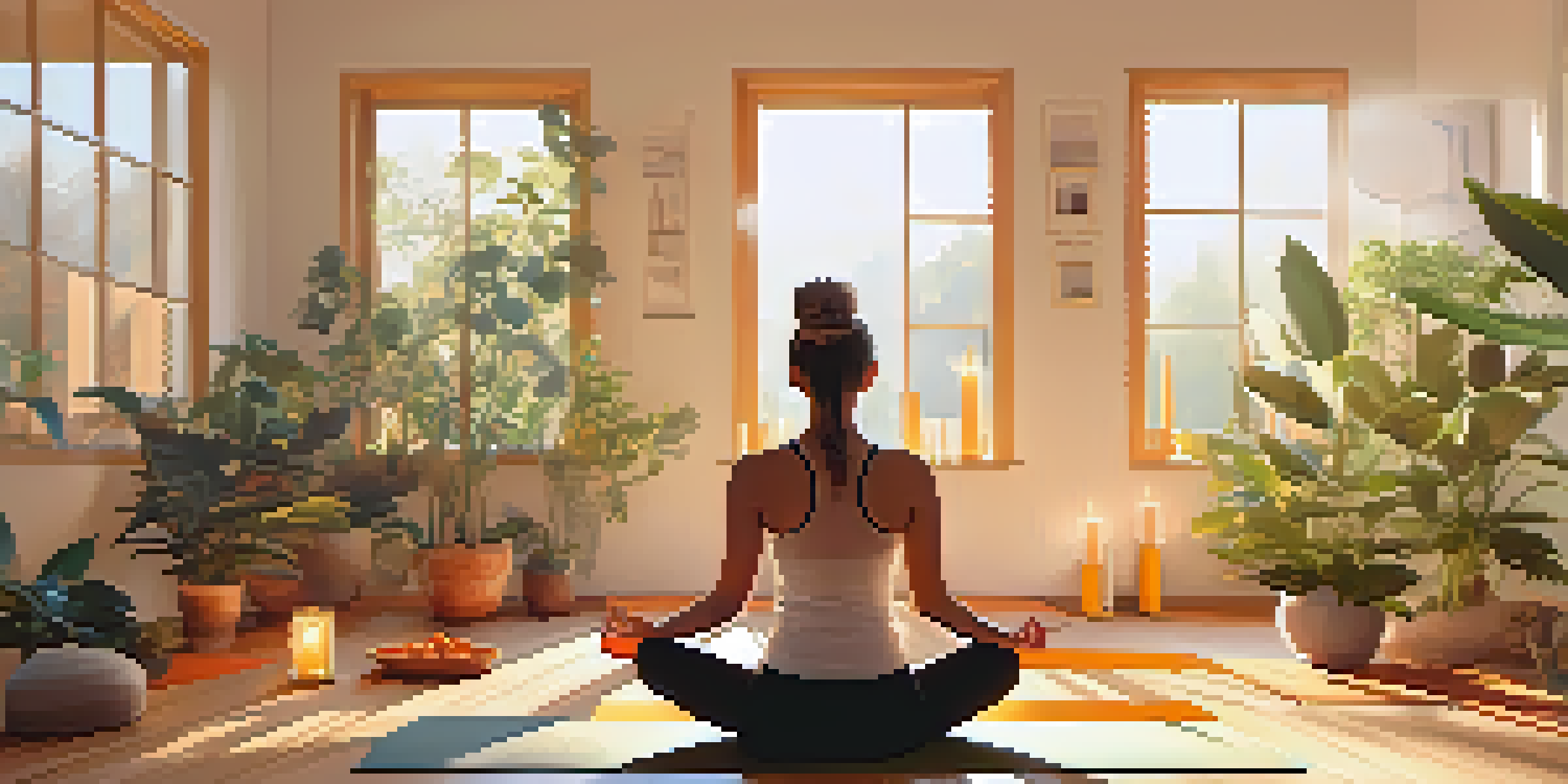 A peaceful yoga studio with a person meditating on a yoga mat surrounded by plants and candles in soft morning light.