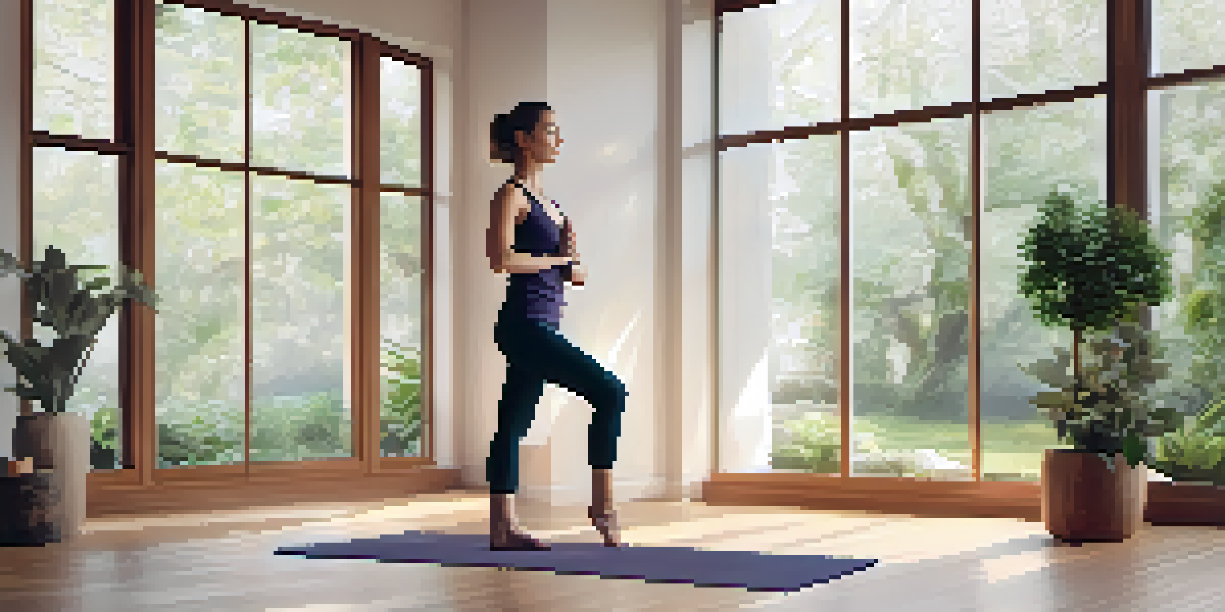 A calm yoga studio with a person practicing Tree Pose, surrounded by plants and warm natural light.