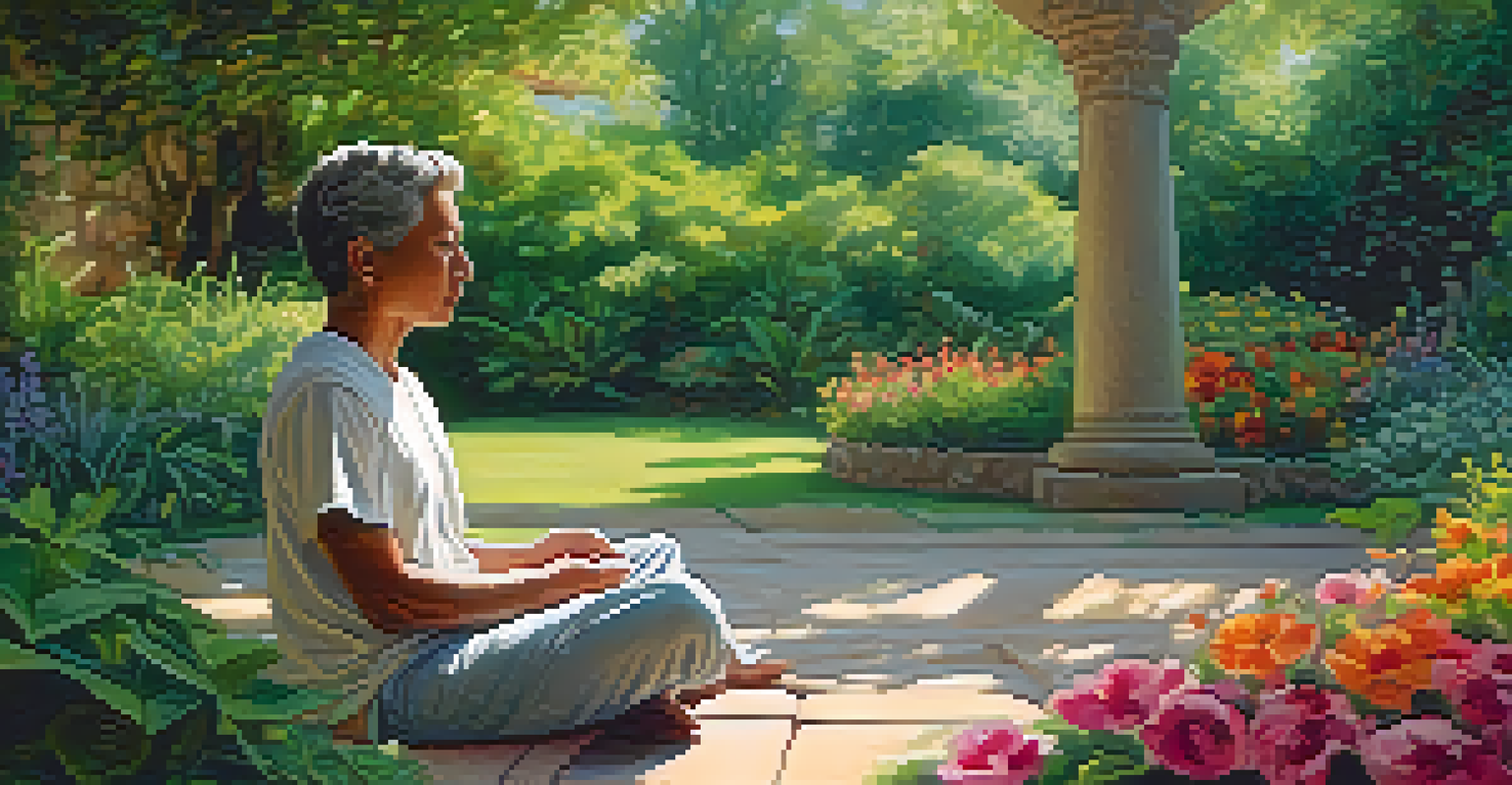 A person meditating cross-legged in a lush garden surrounded by flowers and greenery, illuminated by soft sunlight.