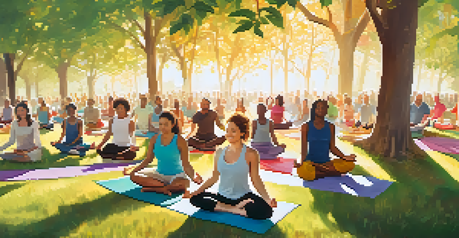A diverse group of people practicing yoga together at a community event, with colorful banners and sunlight filtering through trees.
