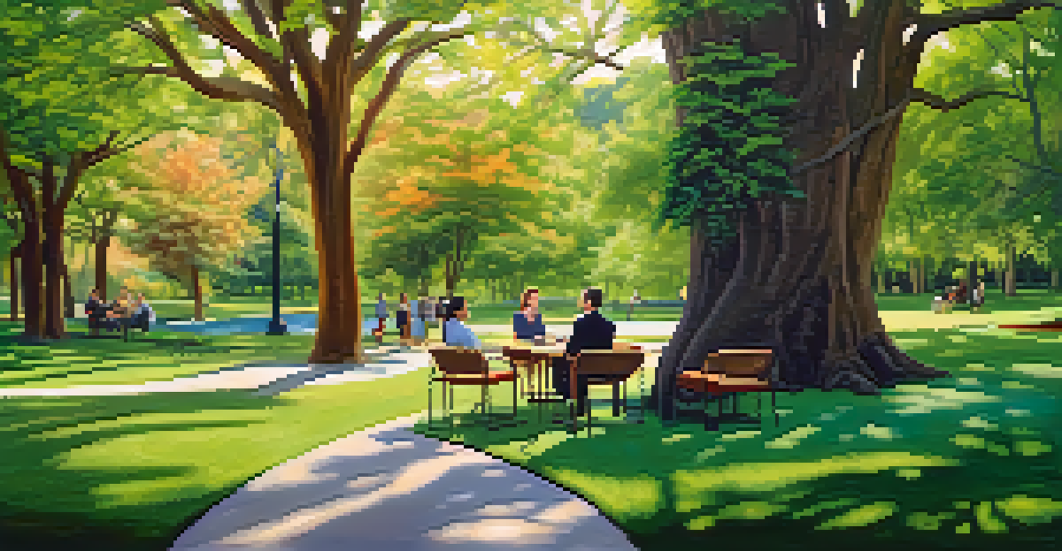 A leader and team member engaging in a thoughtful conversation in a lush park.