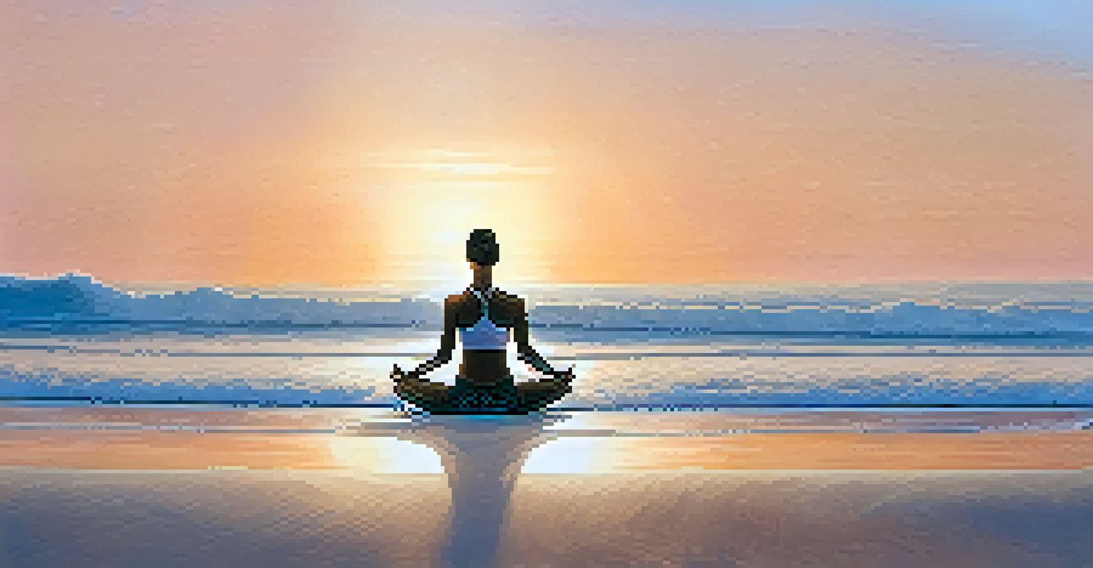 A person practicing yoga on the beach at sunrise in an upward-facing dog pose, with waves and sand around them.