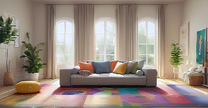A warm and inviting living room with family members practicing yoga together on colorful mats, surrounded by personal items like toys and photos.