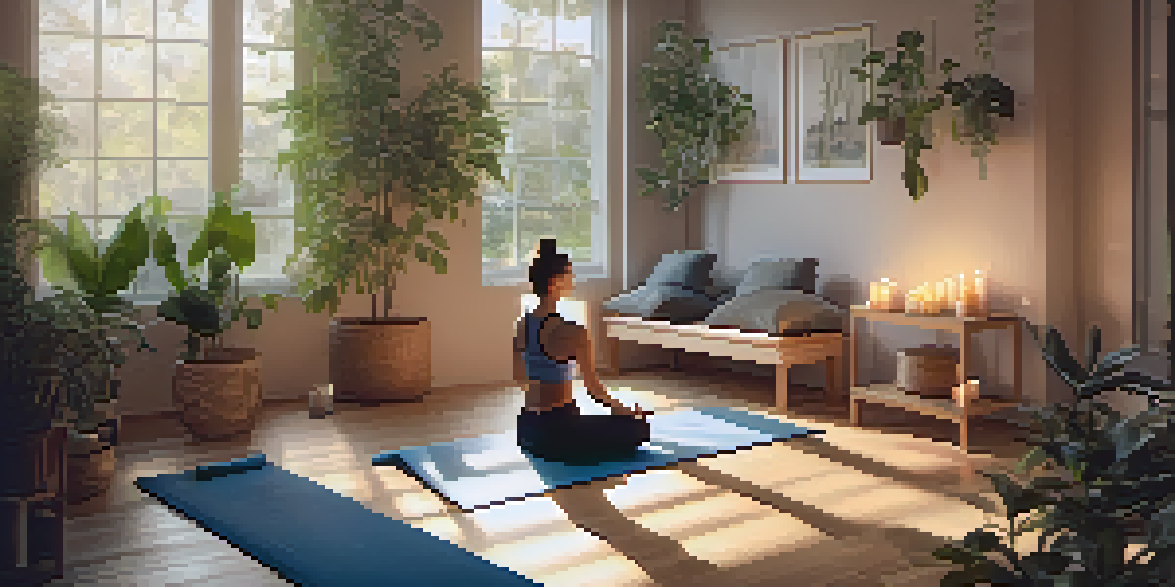 A peaceful yoga studio with a person practicing Yin Yoga on a mat, surrounded by plants and soft lighting.