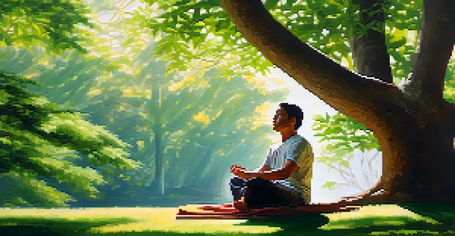 A person meditating outdoors in a green park, surrounded by vibrant flowers and sunlight.