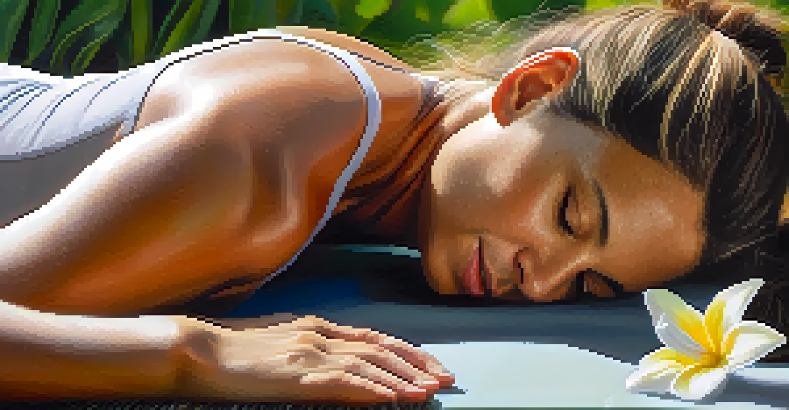 A person in 'Savasana' pose on a yoga mat outdoors, surrounded by greenery, showcasing relaxation and tranquility.