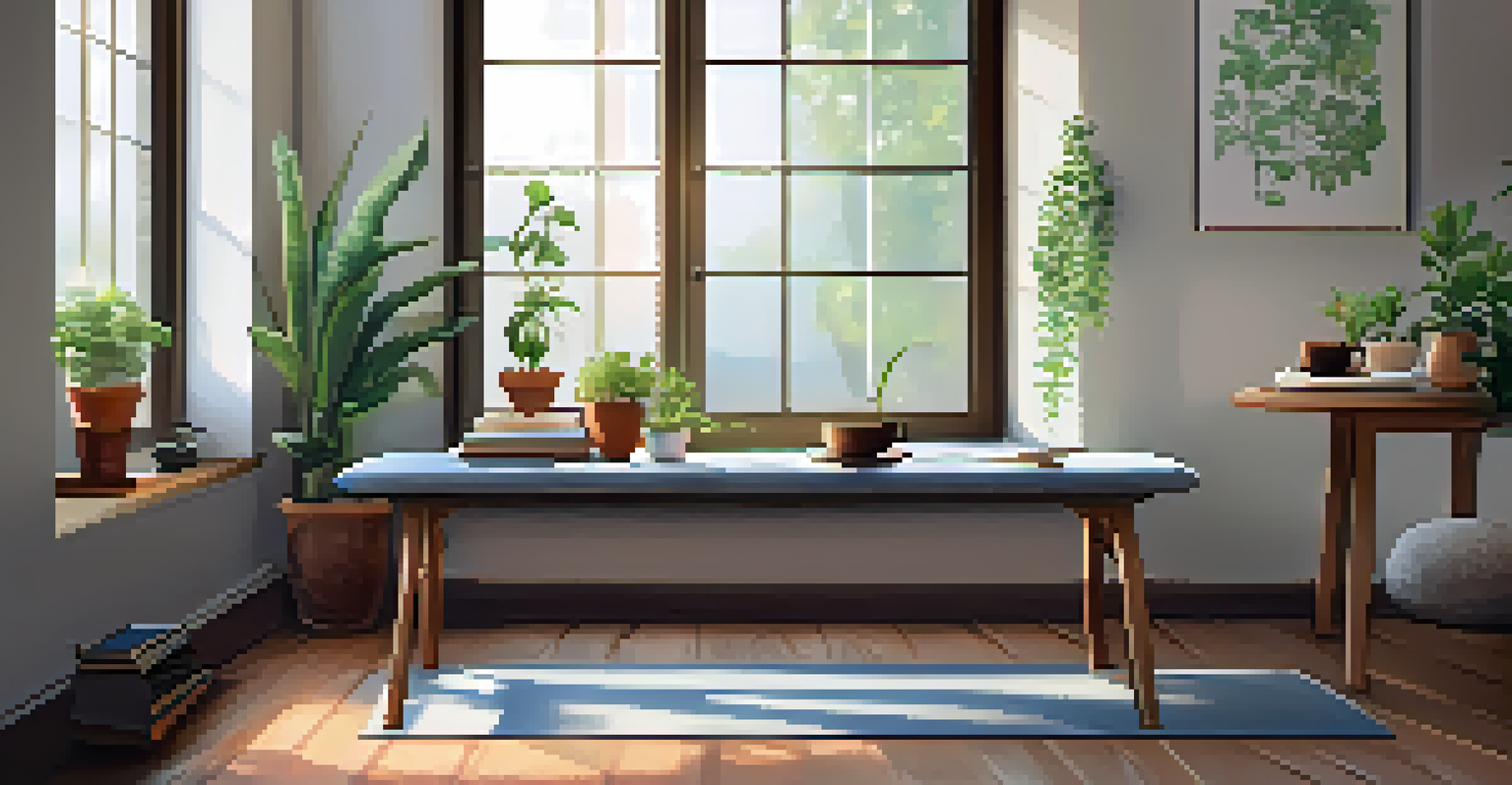 A cozy meditation corner in a workspace with a yoga mat, cushions, and a cup of tea, illuminated by natural light.