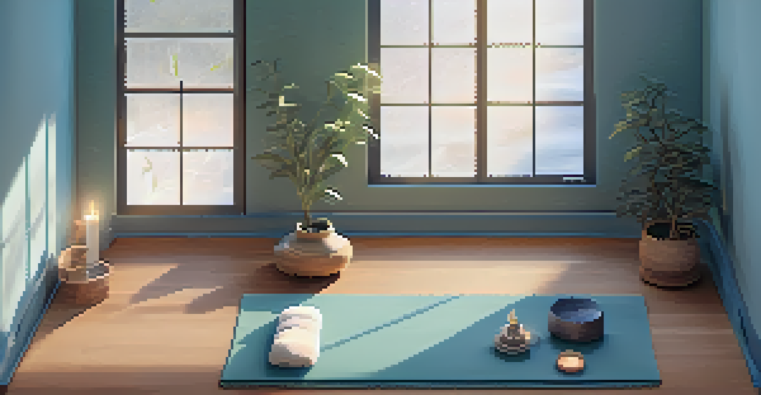 An overhead view of a cozy meditation space with a yoga mat, blanket, and incense holder, illuminated by natural light.