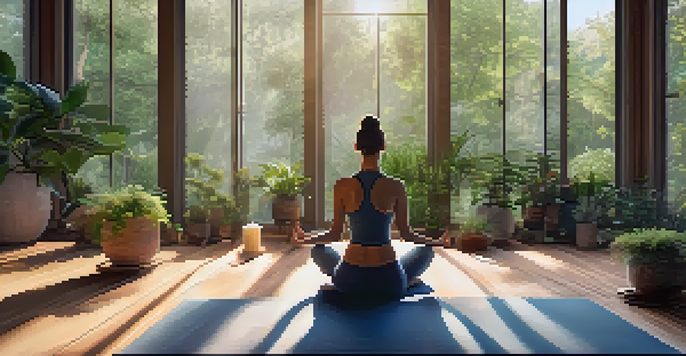 A person meditating in a peaceful yoga studio filled with plants and morning light.